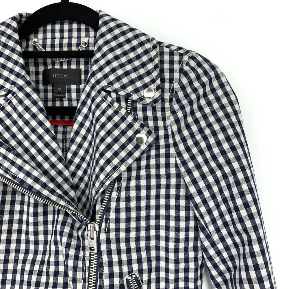 J. Crew Women's Size 00 Full Zip Plaid Moto Jacket Long Sleeves Navy/White Check